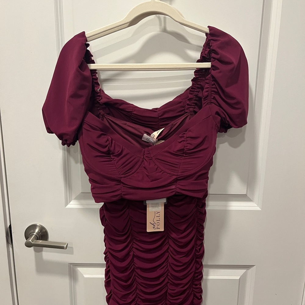 Oh Polly Burgundy Ruched Midi Dress